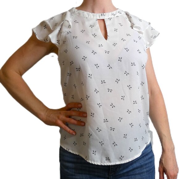 White Chiffon Blouse Size S Abstract Black Cats Face Ruffled Sleeve Top British - Picture 2 of 8